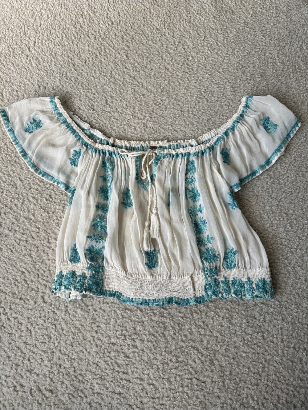 Free People Sheer Off-Shoulder Top with Teal Floral Embroidery